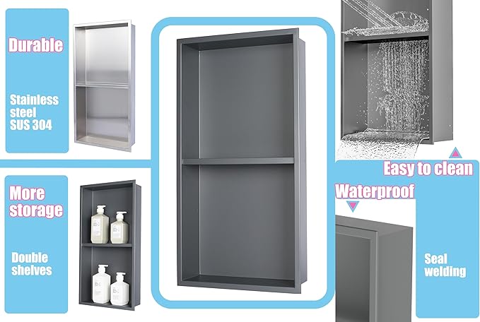 No Tile Ready Gunmetal Shower Niche,Stainless Steel Shower Wall Niche Inserts(Gery, 24 * 12 in)
