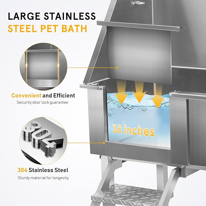 Dog Washing Station Stainless Steel, 38-Inch Dog Bathing Station Bath Tub, Pet Grooming Bath Tub With Left Ramp & Removable Door & Showerhead & Faucet & Soap Holder For Large, Medium & Small Pet