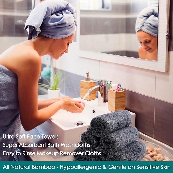 Wash Cloths 6 Pack, Women Girls Stocking Stuffers, Super Soft & Skin Friendly Face Towel for Sensitive Skin, Reusable Washable Grey Makeup Remover Cloth, Easy to Rinse 10x10 inch Small Face Washcloth
