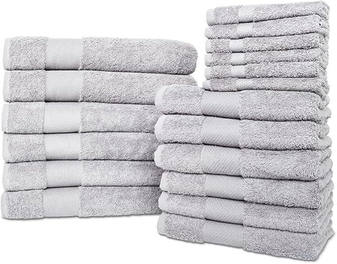 Hencely 18-Piece Bath Towel Set - High Absorbency, Quick Drying - 100% Soft Turkish Cotton - 6 Bath Towels, 6 Hand Towels, 6 Washcloths - Bathroom, Home, Hotel, Spa, and Gym - 18-Pack Silver