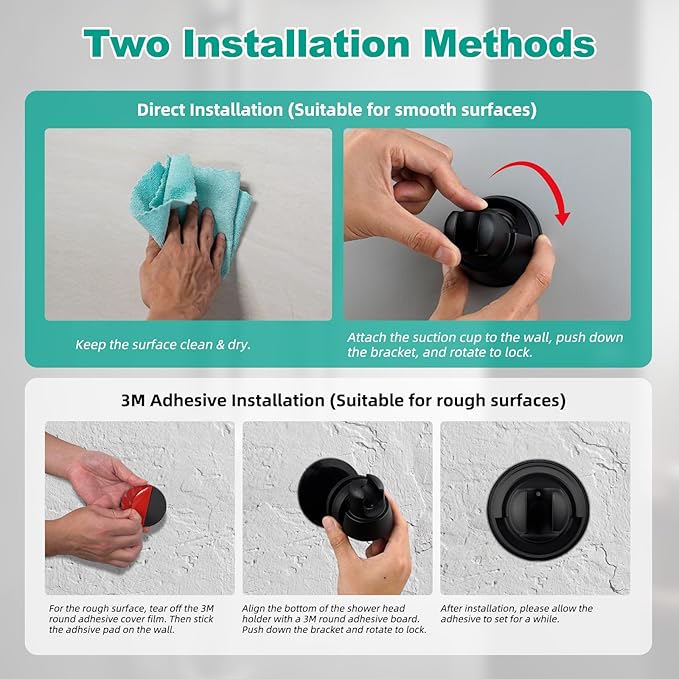 Hibbent Vacuum Suction Cup Shower Head Holder, Removable Showerhead Bracket, Height Adjustable Shower Wand Holder & Wall Mount ABS Plastic Suction Holder for Handheld Shower Head, Matte Black