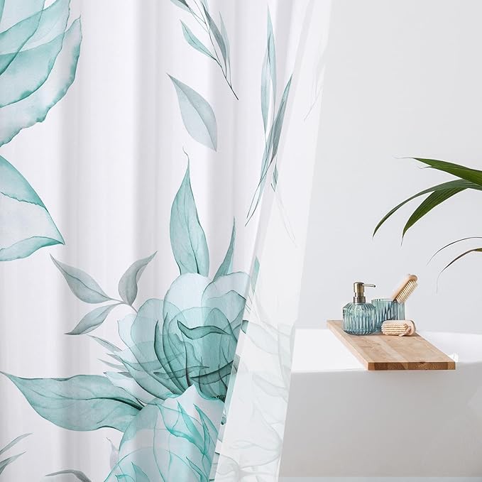 Long Boho Watercolor Floral Shower Curtain 72 x 78, Teal Blue and Grey Ink Painting Style Flower Shower Curtains for Chic Elegant Bathroom, Artistic 78 Inch Long Fabric Shower Curtain