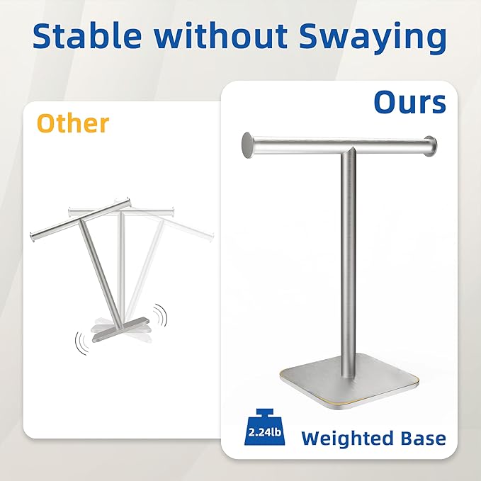 RUACQ T-Shape Hand Towel Holder Stand, Weighted Base Towel Rack, 12" Countertop Towel Holder for Bathroom, 304 Stainless Steel, Heavy Duty (Brushed Nickel, 2 Pack)