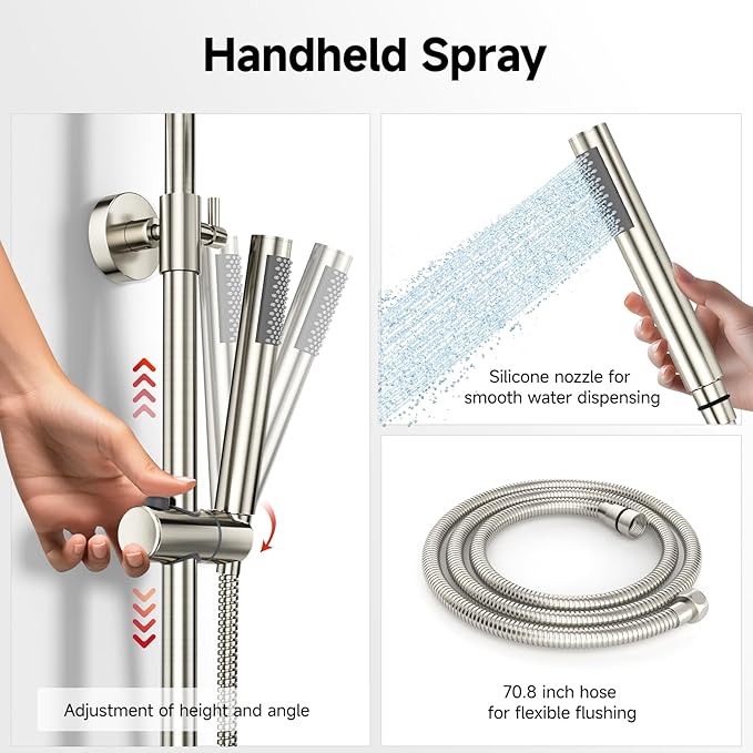 Rainsworth Outdoor Shower Kit Brushed Nickel - Single Handle Brass Valve, 8 Inch Rain Shower Head and Handheld Spray Shower Fixture Combo, 304 Stainless Steel Wall Mount