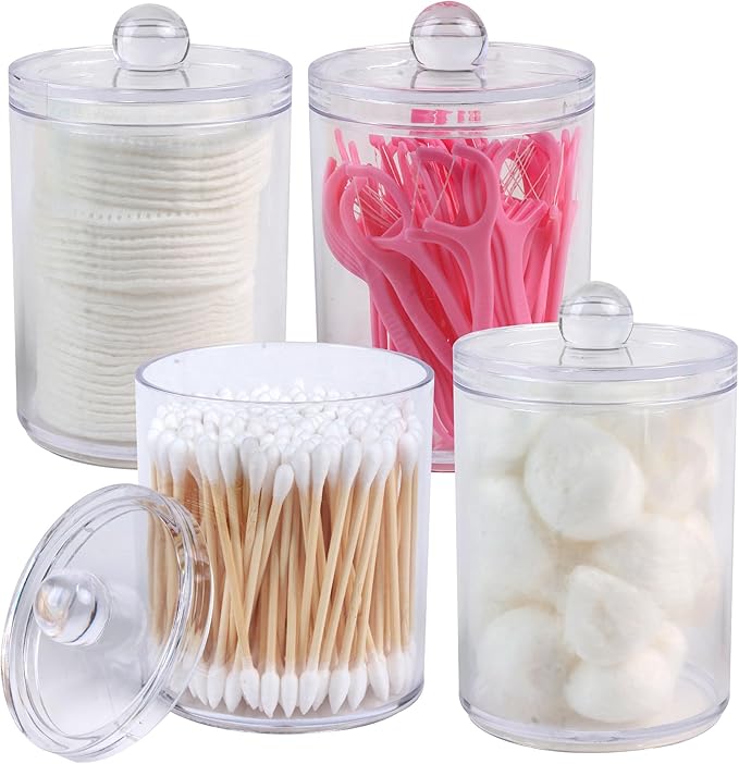 4 Pack Acrylic Qtip Holder Dispenser,Bathroom Canisters Apothecary Jar Set, Vanity Makeup Storage Organizer Set,10 oz