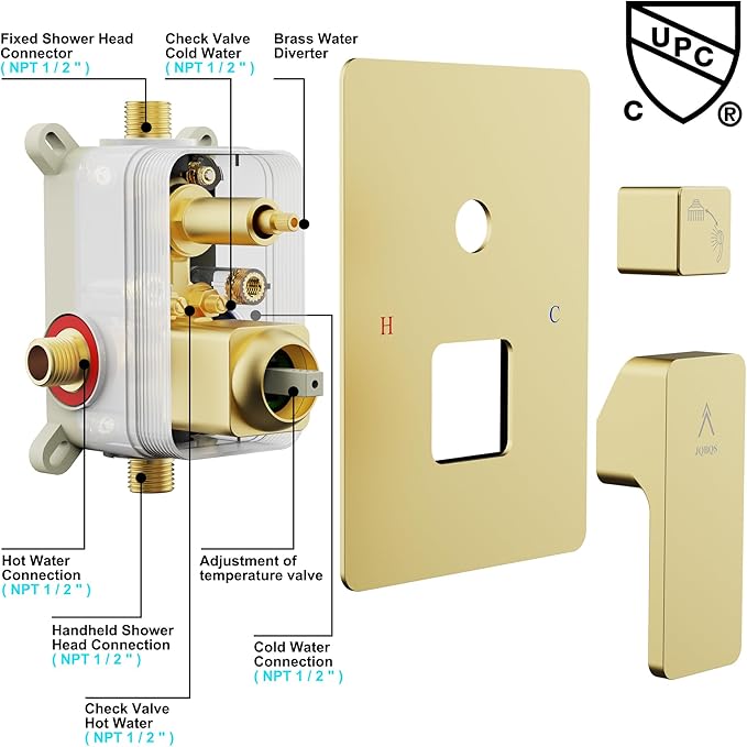 Shower System Modern Rain Brass Faucet Set With Valve and Diverter Shower Mixer With Handheld High Pressure Square Rainfall Shower Valve (12'' Wall Mount, Brushed Gold)