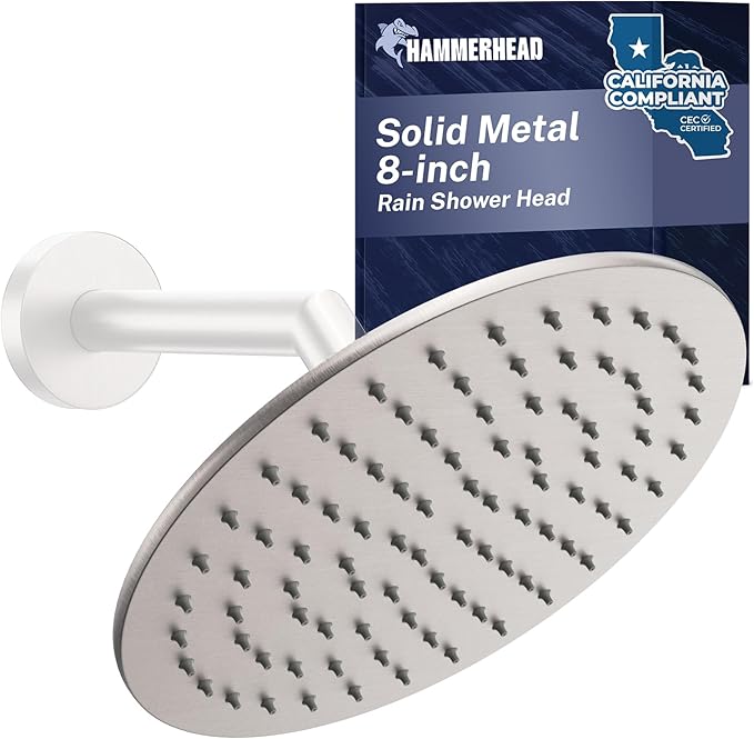 HammerHead Showers Solid Metal Round 8 Inch Rainfall Shower Head, High Flow Shower Head Optimized for Pressure, Brushed Nickel, 1.75 GPM