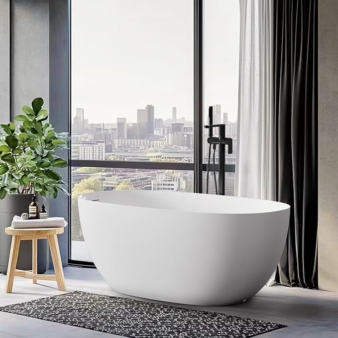 Stone Resin Freestanding Bathtubs,Soklawah 55" Solid Surface Luxury Soaking Tub,Oval Stand Alone Bathroom Bath tub with Drain & Integrated Slotted Overflow,Matte White Elegant Soaker Free Standing Tub