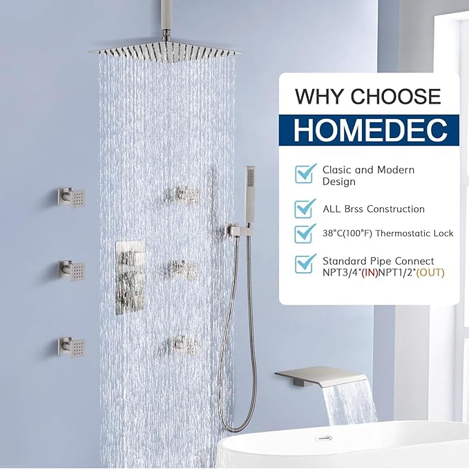 HOMEDEC Solid Brass 4 Outlets Shower Diverter Valve, Thermostatic 4-Way 3 Handles Control Shower Mixing Valve Trim Kit Rough In Replacement, Brushed Nickel