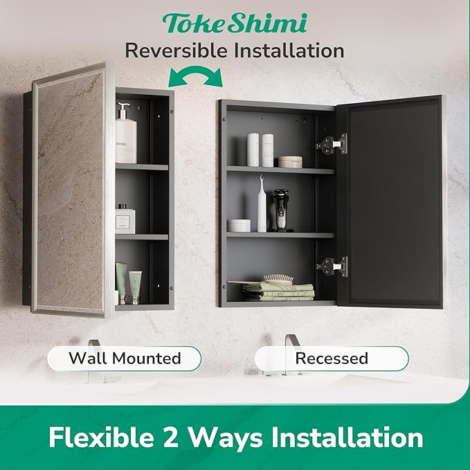 TokeShimi 24x36 Recessed Medicine Cabinet with Mirror Surface Mount, Brushed Nickel Bathroom Mirrored Medicine Cabinet, Bathroom Mirror with Storage Adjustable, Aluminum Framed