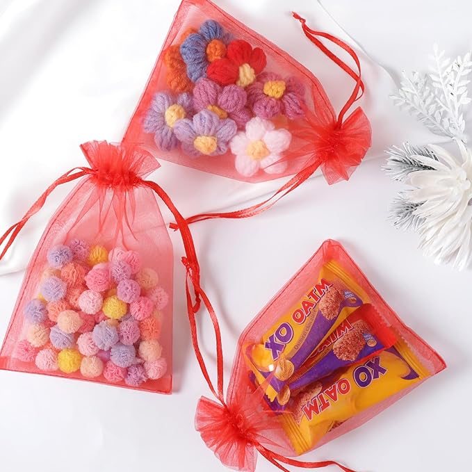 Hopttreely 100pcs Organza Bags, 4 x 4.72 inches Red Christmas Wedding Favors Christmas Gift Drawstring Bags Jewelry Pouches