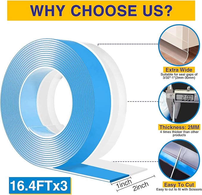 Weather Stripping 49.2FT(L) x 2in(W) Door Draft Stopper Silicone Seal Strip for House and Glass Shower, Door Sweep for Collision and Gaps of Doors and Windows, Weatherproof Soundproof (Transparent)