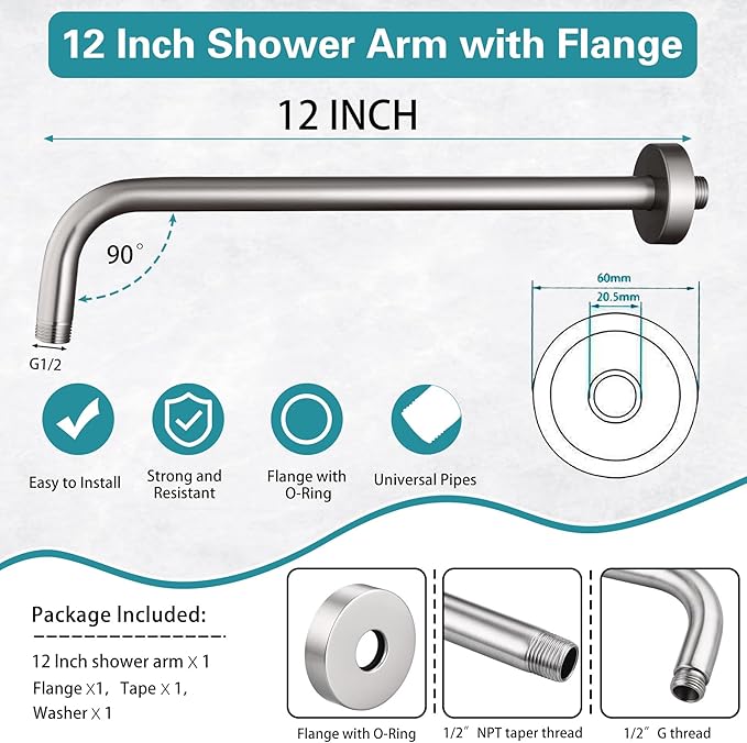 12 Inch Shower Arm with Flange,Stainless Steel 90 Degree Rain Shower Head Extension Arm,Wall-Mounted Shower Head Arm for Fixed Shower Head,Brushed Nickel