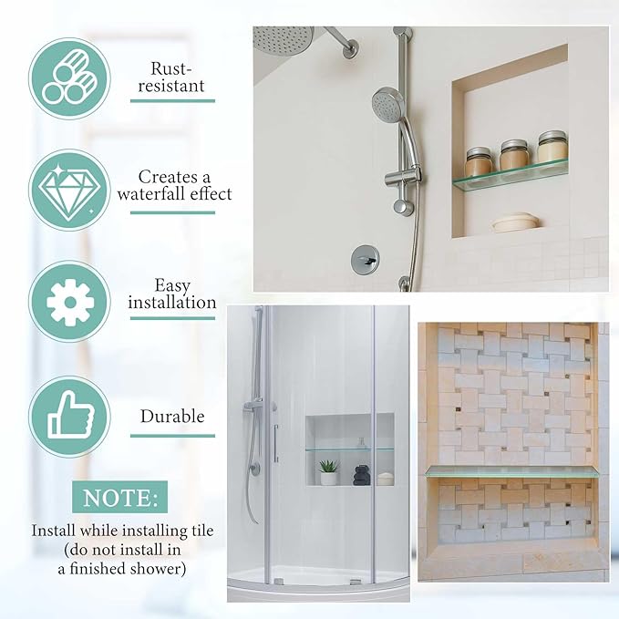 1 Pcs 3-3/8" x 12" 3/8" Glass Shelf for Shower Niche, Tempered Glass Shelf Floating Shelves for Bathroom Essentials DIY Storage Decoration, Easy Install Support Plate