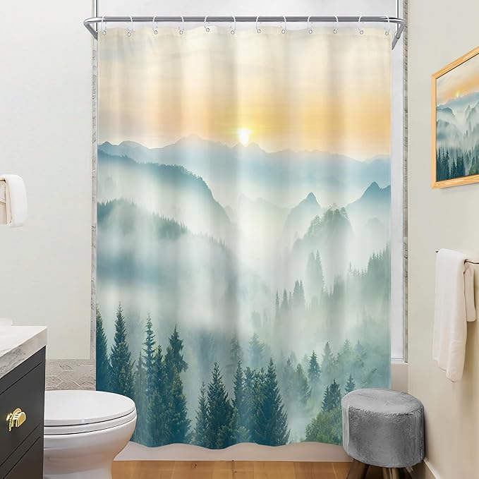 Riyidecor Small Stall Mountain Shower Curtain 54Wx78H Inch Rv Narrow Extra Long Green Sunset Sunrise Scenery Landscape Woodland Bathroom Decor Fabric Polyester Waterproof 12 Pack Hooks