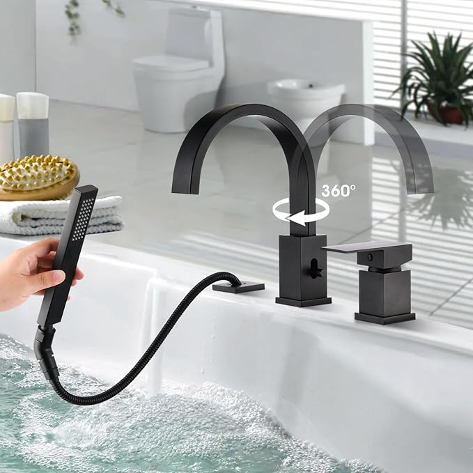 Brass Roman Tub Faucet with Sprayer, Deck Mount Bathtub Faucet with Hand Shower, 3 Hole Waterfall Tub Faucet with 360° Spout, Single Handle Tub Filler with 8 GPM High Flow, Matte Black