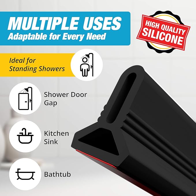 Shower Threshold Water Dam Barrier 67" - Black Collapsible Shower Water Blocker - Shower Guard for Walk in Shower - Water Guard Stopper for Floor - Shower Dam - 1.5" Tall - By Hippo Dam