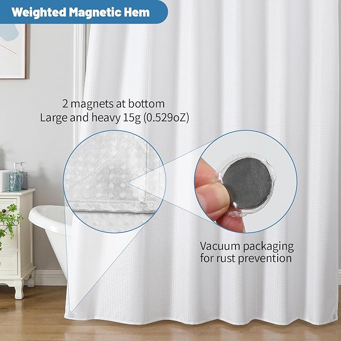 2-in-1 Waterproof Fabric Shower Curtain - No Separate Liner Needed, Hotel-Style Waffle Weave, Effortless Cleaning & Washable Bathroom Shower Curtain Set,72Wx72H,White