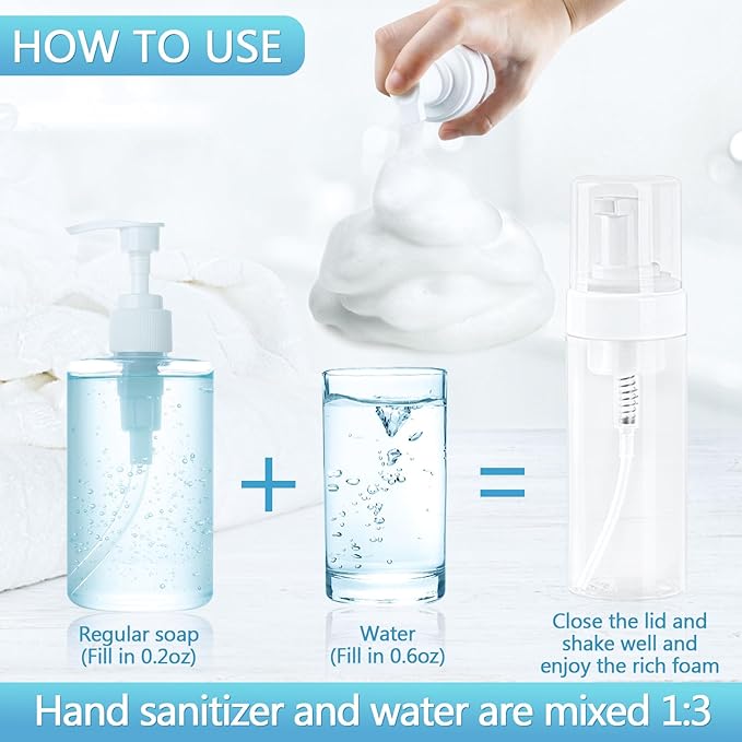 Foam Pump Bottle 5.1oz/150ml Clear Empty Foam Bottle Pump, Travel Foam Bottle for Soap, Shampoo, Cleaning Foam Dispenser Bottle Refillable (6 Pack)