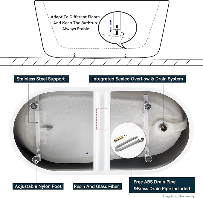 FerdY Lana'i 67" Freestanding Bathtub, Gracefully Shaped Freestanding Soaking tub, Glossy White, cUPC Certified, Brushed Nickel Drain Assembly Included