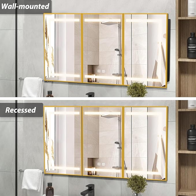 APRILSOUL 48X32 Inch Gold Bathroom Medicine Cabinet with Mirror, Recessed or Surface Lighted Medicine Cabinet with 3 Colors Temperature, Dimmable Light