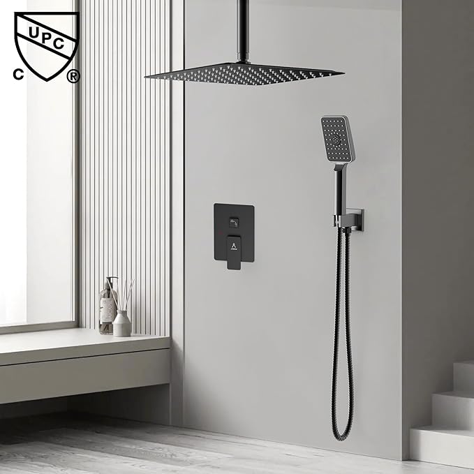 Rain Shower System 12IN Modern Brass Faucet Set With Valve and Diverter Shower Mixer With Handheld High Pressure Square Rainfall Shower Valve (12'' Ceiling Mount, Matte Black)