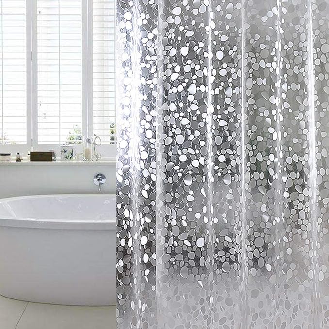 WELTRXE Shower Curtain Liner Waterproof, 8G Thick EVA, Heavy Duty Shower Liner with Magnets, 3D Pebble Bath Curtain for Stall, Bathtubs Bathroom, 72 x 72, 12 Hooks