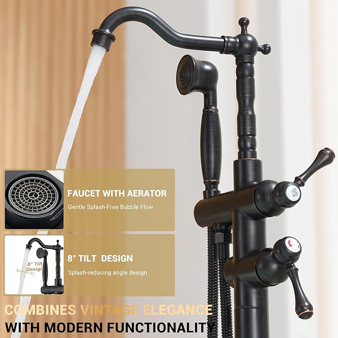 Oil Rubbed Bronze Freestanding Bathtub Faucet Sets Single Handle with 360° Swivel Spout Floor Mount Tub Filler with Handheld Sprayer, Floor Mount Bathtub Faucet, 47.2-Inch, JBTF430-ORB