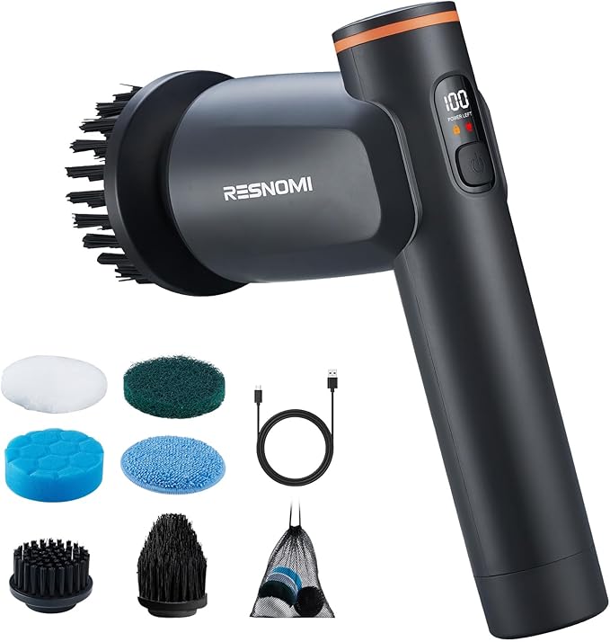 Electric Spin Scrubber, Bathroom Shower Scrubber with LCD Display, 2 Speeds Electric Scrubber for Cleaning with 6 Replaceable Heads, 4-Hour Runtime‌, Cleaning Brush for Kitchen/Car, Gray-Black
