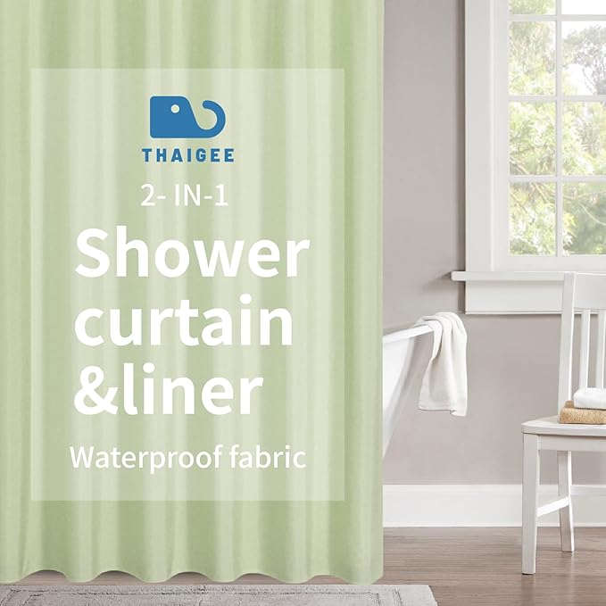2-in-1 Waterproof Fabric Shower Curtain or Liner,Linen Textured,Breathable TPU & Washable Bathroom Shower Curtain Set with 12 Plastic Hooks,Modern,72"x72",Green