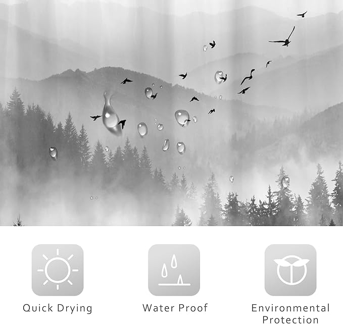 Riyidecor Black and White Shower Curtain 48Wx72H Inch,Stall Narrow Rv Small Nature Woods,Landscape Scenery Pine Tree Woodland Rustic Cool Mens Bathroom Decor Fabric Polyester Waterproof 12 Pack Hooks