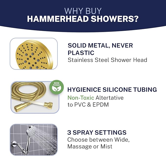 HammerHead Showers® Solid Metal 3-Spray Handheld Shower Head with Long Hose and Holder - BRUSHED GOLD - WIDE, MASSAGE, and MIST Sprays - 1.8 GPM Low Flow Handheld Showerhead - Water Saving Shower Head