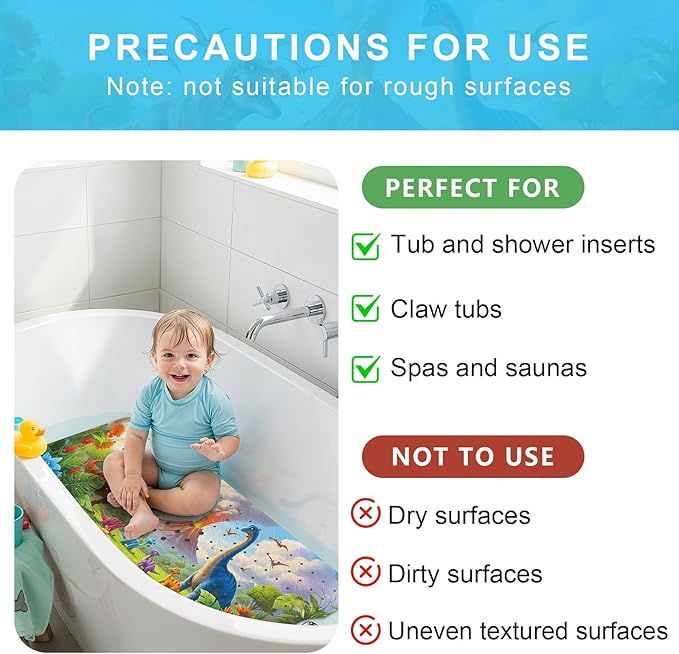 Upgrade Cartoon Baby Bath Mat Non Slip - 40"x16" Extra Long Bathtub Mat for Baby Eco Friendly Durable Bath Mat for Tub Non Slip Kids Tub Mat with Suction Cups, Machine Washable and No Fading, Dinosaur