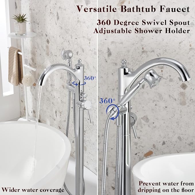 Free Standing Tub Faucet, Classic Freestanding Bathtub Faucet with Vintage Hand Shower Brass High Flow Rate Floor Mount Tub Filler Swivel Spout Soaker Tub Faucets Polished Chrome (WT-9002CP)