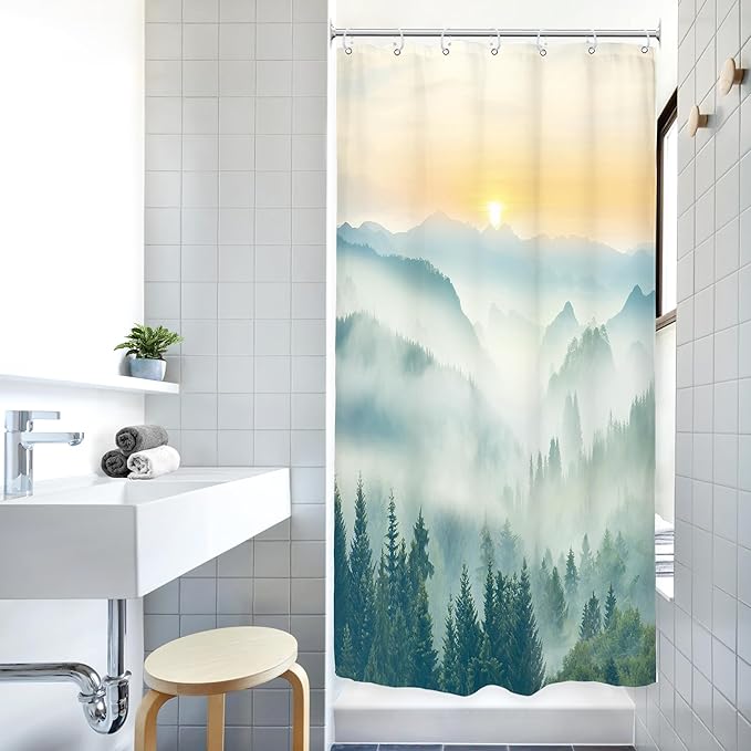 Riyidecor Small Stall Mountain Shower Curtain 36Wx72H Inch RV Narrow Green Yellow Sunset Sunrise Scenery Greenery View Landscape Woodland Bathroom Decor Fabric Polyester Waterproof 7 Pack Hooks