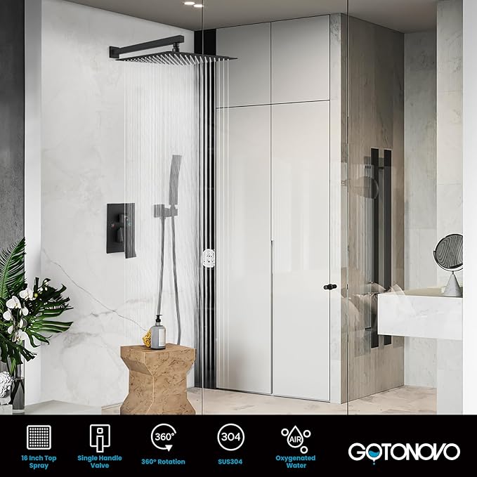 gotonovo Rainfall Bathroom Shower System Rain Shower Head and Handle Set Wall Mounted Shower Complete Combo Solid Brass Pressure Balancing Shower Mixer Valve 16 Inch Matte Black
