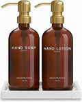 Luxury Glass Soap and Lotion Dispenser Set with Tray by Brighter Barns - Hand Soap Dispenser Bathroom Set w/Stainless Steel Pump - Gold Bathroom Decor for Guest House, Airbnb, Spa, Gift (Amber/Gold)