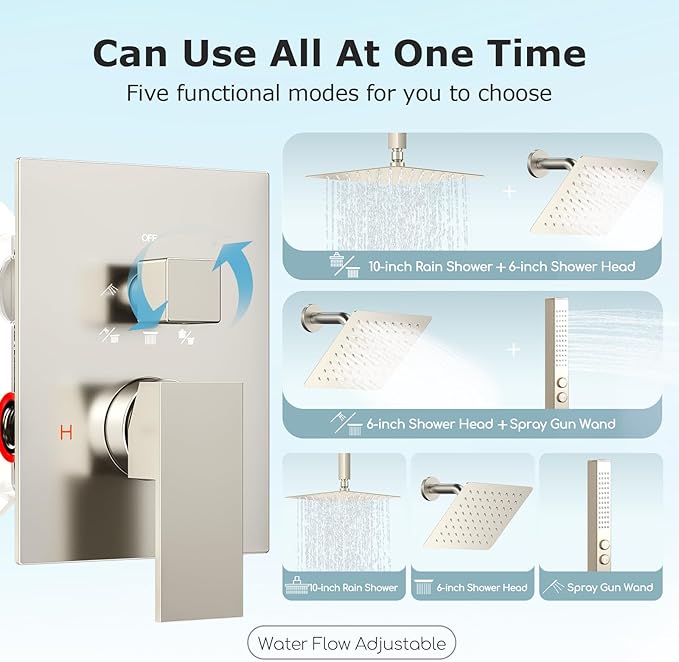Shower Faucet Set Brushed Nickel Shower System,Bostingner Five Function Diverter Shower Faucet with 2 in 1 Handheld,10'' Ceiling Mount and 6’‘ Wall Mount Shower Head Rainfall Shower Set with Valve