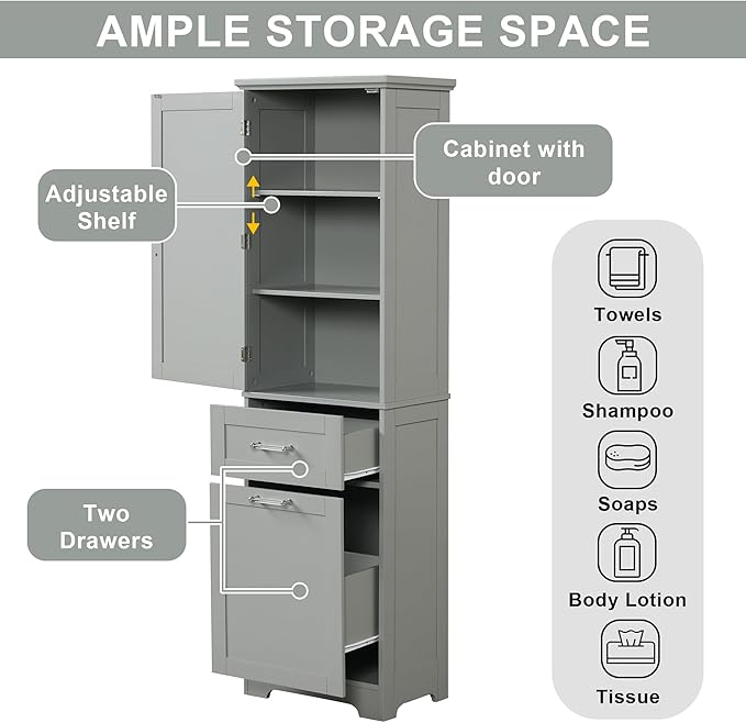 Favfurish 68" Tall Bathroom Storage Cabinet with Door and 2 Drawer,Modern Linen Cabinets w/Adjustable Shelf & Magnetic Door Stopper,Freestanding Organizer for Bath Room,Study,Office,Kitchen Grey
