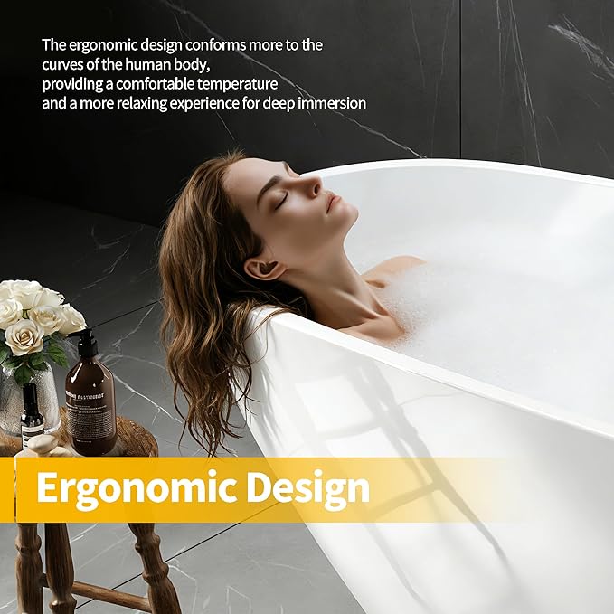Bathtub with Upturned Ends, CUPC Chrome Drain and Overflow, White Interior and Black Exterior, Built-in Overflow, Fiber-Coated Fixing Bracket