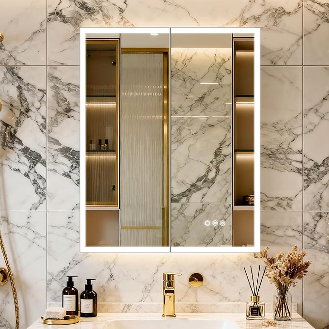 Aluminum Medicine Cabinet with Light,Stepless Glass Shelf,3 Colors Temperature,Dimmer,Backlit Lighting,Internal Light,USB Shaver Socket,Defogger,61cm×76cm