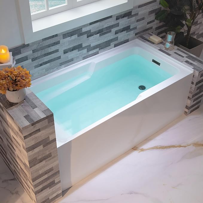WOODBRIDGE 60" Acrylic Rectangular Alcove Soaking Bathtub in White with Right Drain, Matte Black Pop-Up Drain Included BA6030R