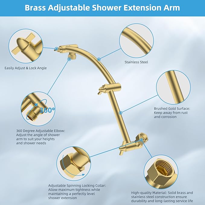 Hibbent All Metal cUPC Certified Rain Shower Head, 10'' High Pressure Rainfall Showerhead with 16" Shower Head Extension Arm, Brass Adjustable Shower Arm Extender, fixed Showerheads, Brushed Gold