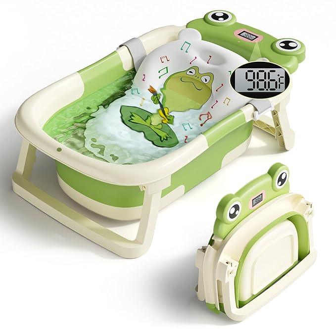 Baby Bathtub, Collapsible Newborn Bathtub for Infant to Toddler 0-24 Months with Soft Cushion and Thermometer,Portable Travel Newborn Tub with No-Slip Feet, Baby Shower Gifts,Green