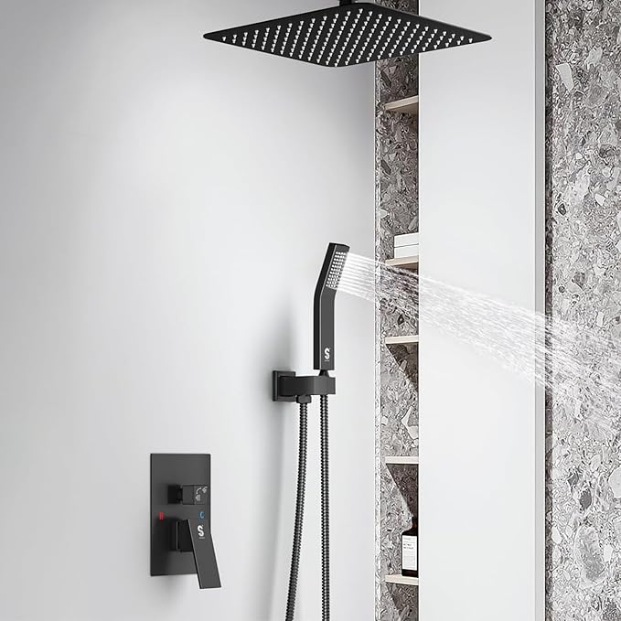 SR SUN RISE 12 Inch Oil Rubbed Bronze Shower System Brass Bathroom Luxury Rain Mixer Shower Combo Set Ceiling Mounted Rainfall Shower Head System Faucet Trim Repair Kits with Rough-In Valve and Trim
