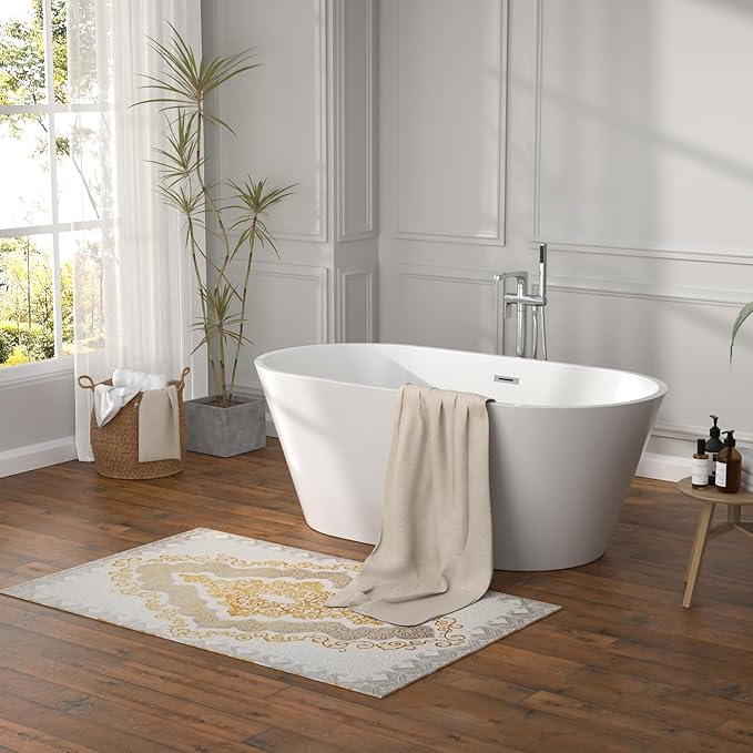 59" Freestanding Acrylic Bathtub White Roll Top Soaking Tub with Black Drain Sleek Finish for Contemporary Bathrooms, YSB9219
