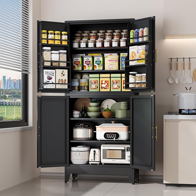75" Tall Metal Kitchen Pantry Storage Cabinet, Freestanding Cupboard Storage Cabinet with 4 Doors and 4 Adjustable Shelves, Large Stand Up Food Cupboard for Dinning Room, Bathroom（Black）