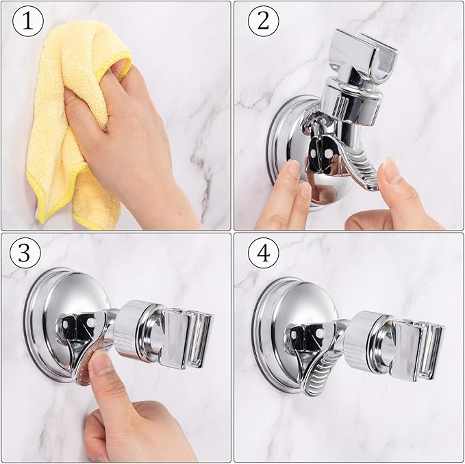 Zhehao Adjustable Shower Head Holder, Removable Suction Cup Shower Head Holder, No Drill Wall Mounted Suction Bracket with Chrome Polished for Marble Glass Metal Ceramic(2,Silver Wrench)