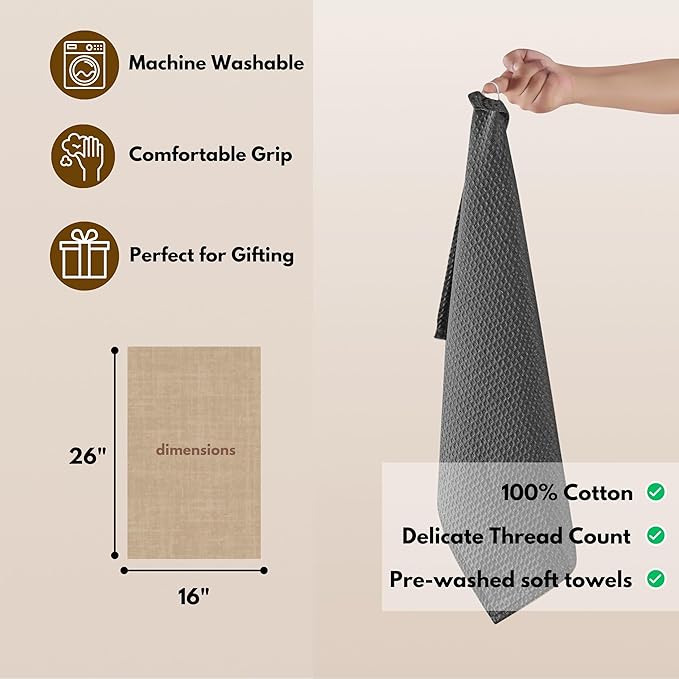 Native Fab Cotton Kitchen Towel with Hanging Loop 16x26 inches, 12-Pack, Waffle Weave Kitchen Towels for Cleaning Drying, Washcloths Soft & Absorbent Cloth Rags, Bar Towel, Dish Cloth, Grey