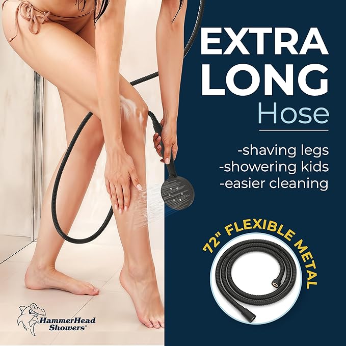 HammerHead Showers® Solid Metal 3-Spray Handheld Shower Head with Long Hose and Holder - MATTE BLACK - WIDE, MASSAGE, and MIST Sprays - 1.8 GPM Low Flow Handheld Showerhead - Water Saving Shower Head